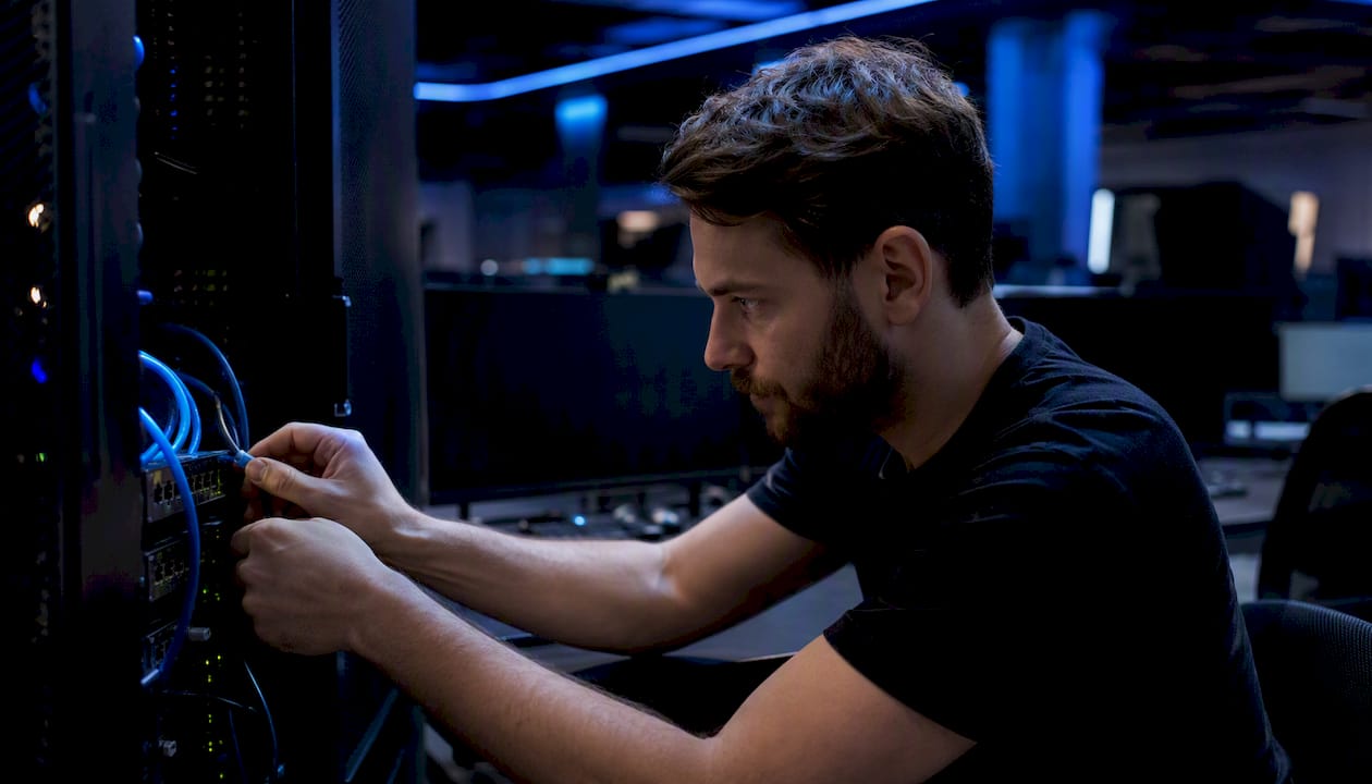 Hands adjusting server cable in trading room