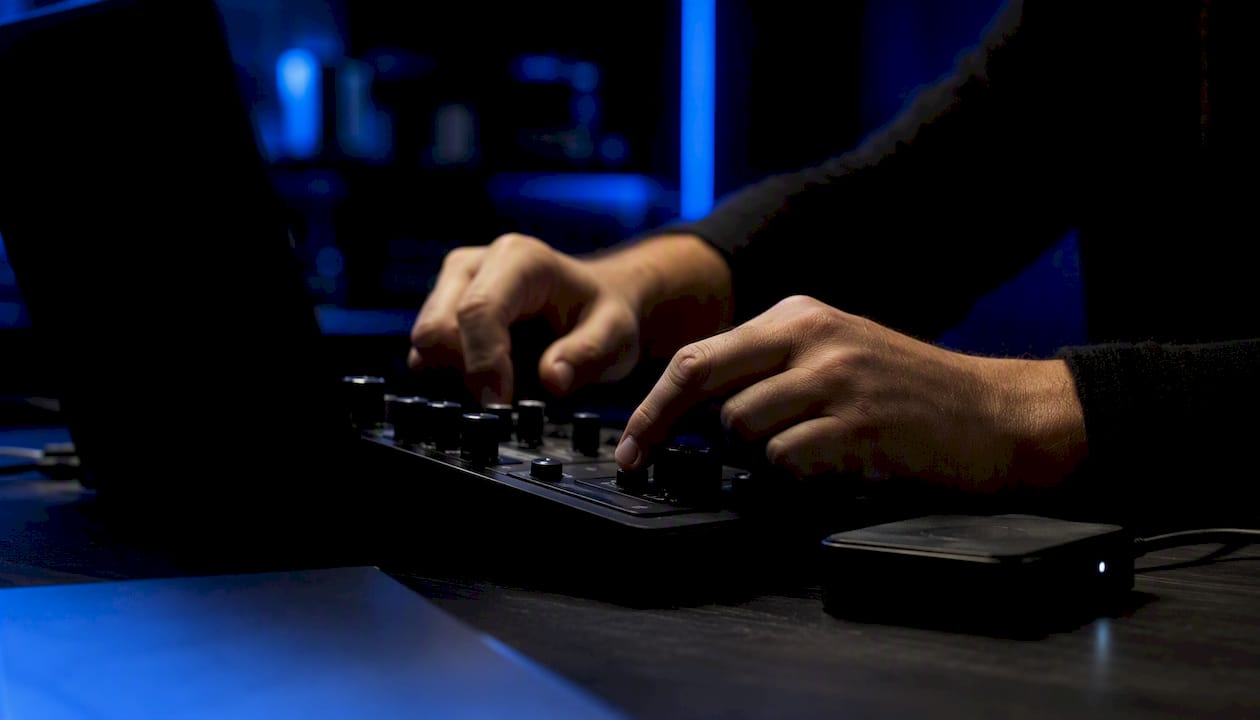 Trader hands syncing devices on trading desk