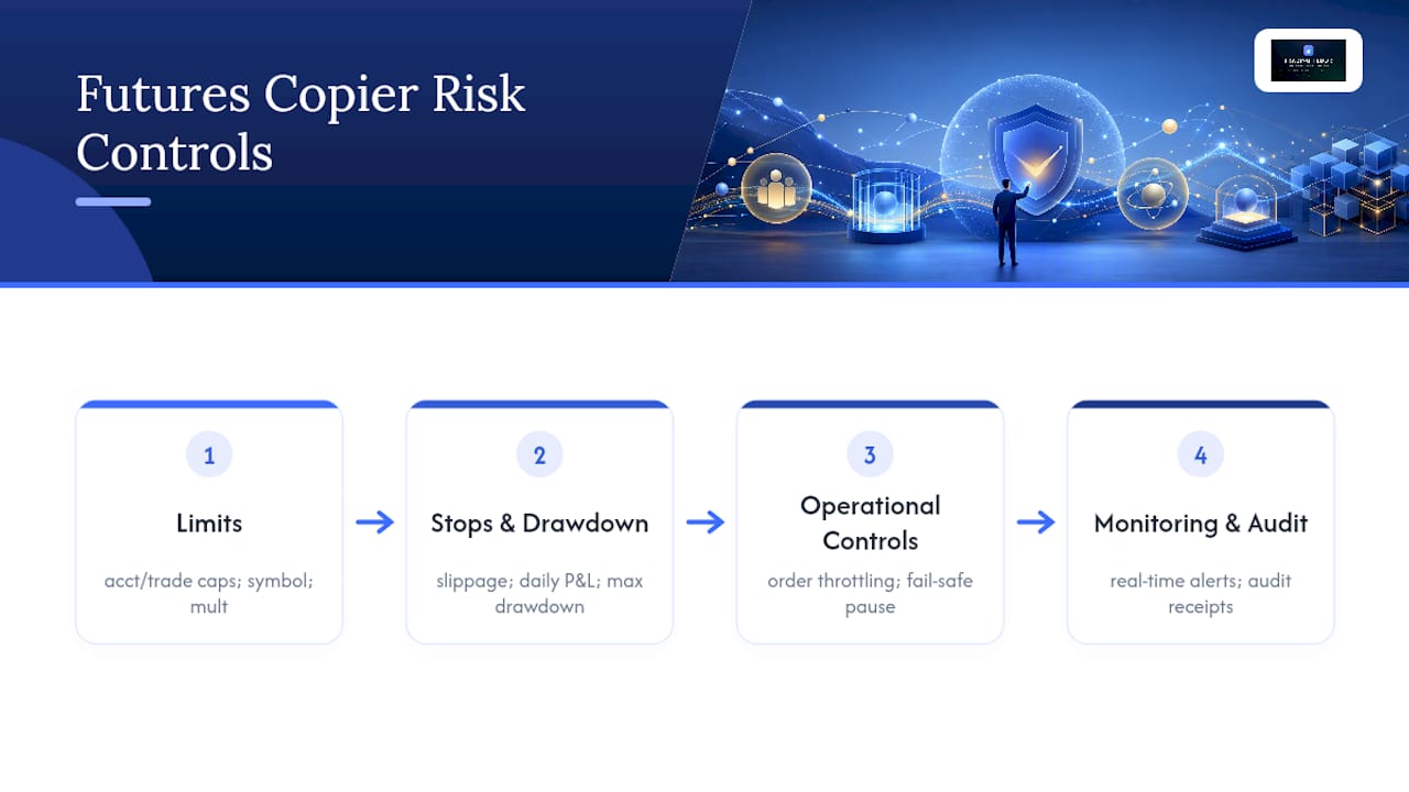 Overview diagram of automated futures trade copier risk controls
