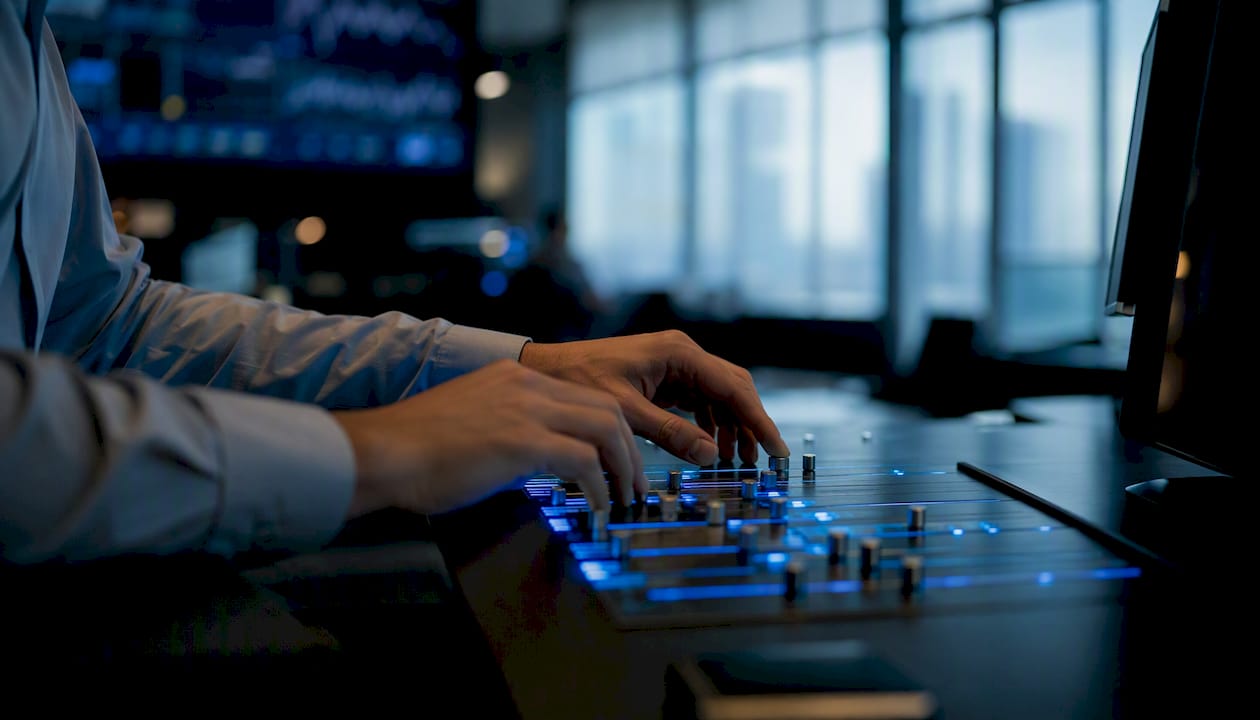 Hands adjusting risk control dials on trading console