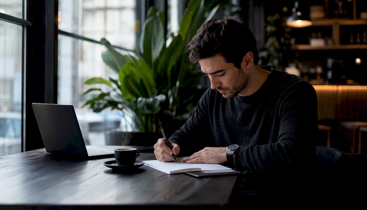 Trader planning strategy with notes and coffee