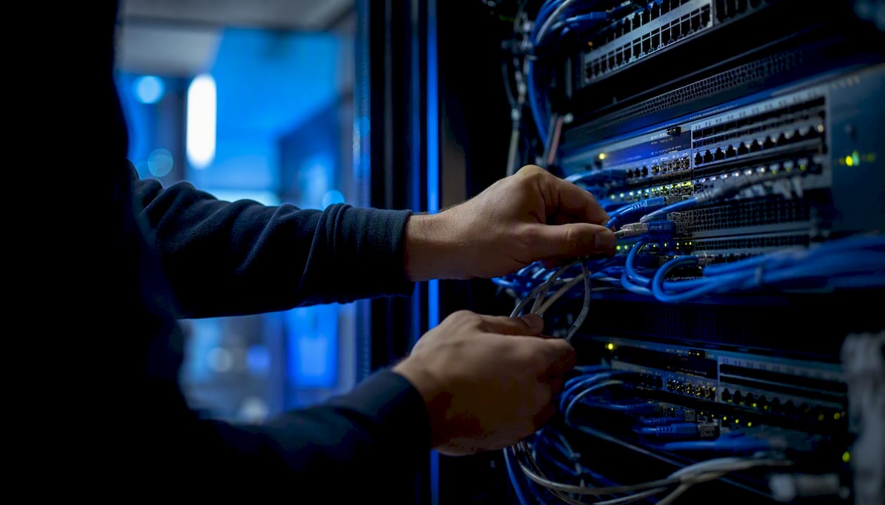 Hands syncing cables on trading hardware