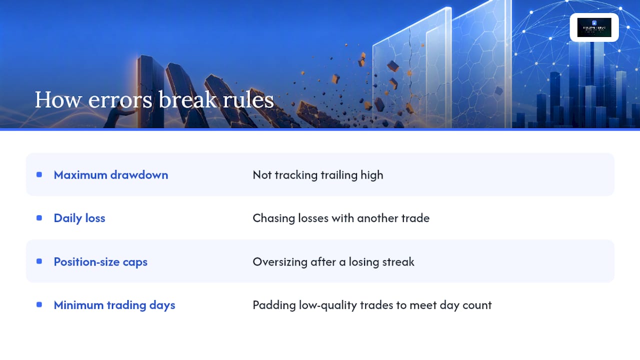 Key Prop-Firm Rules and How Specific Errors Break Them — overview diagram