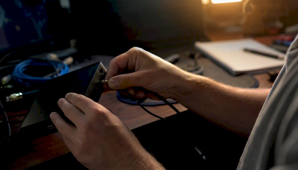 Trader hands verifying trading device connections