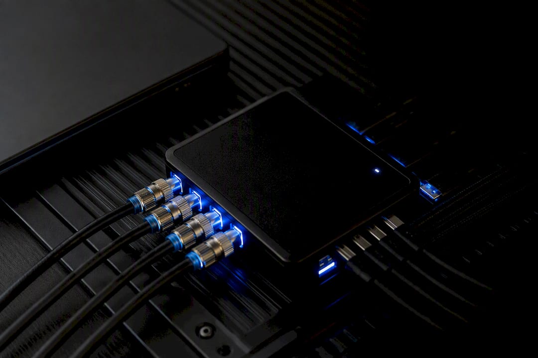 Close-up of multi-connector hub with cables