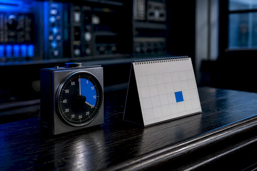 Analog timer and calendar on dark tabletop