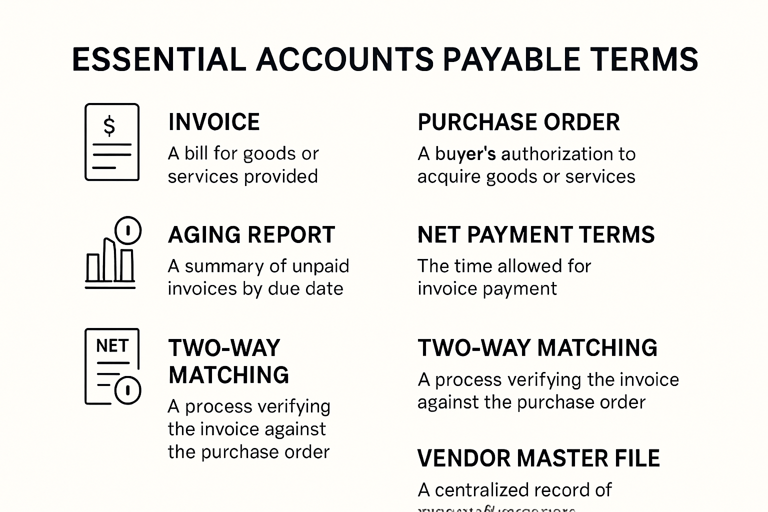 Glossary infographic of key accounts payable terms with definitions
