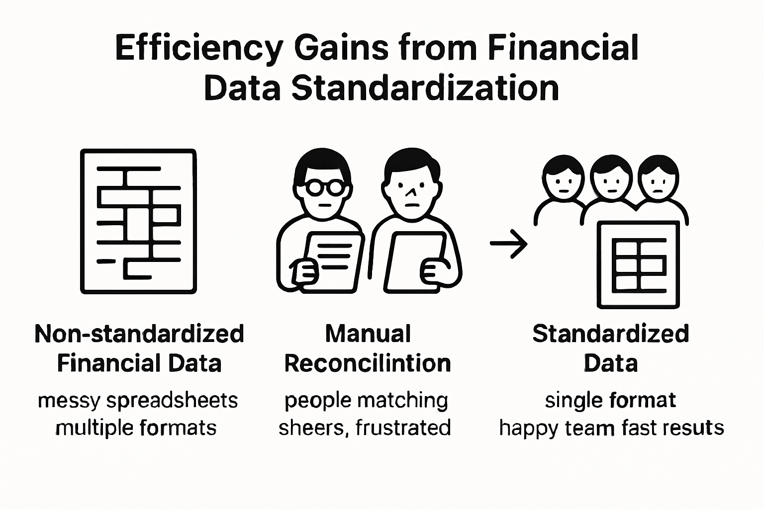 Infographic comparing non-standardized, manual, and standardized financial data processes