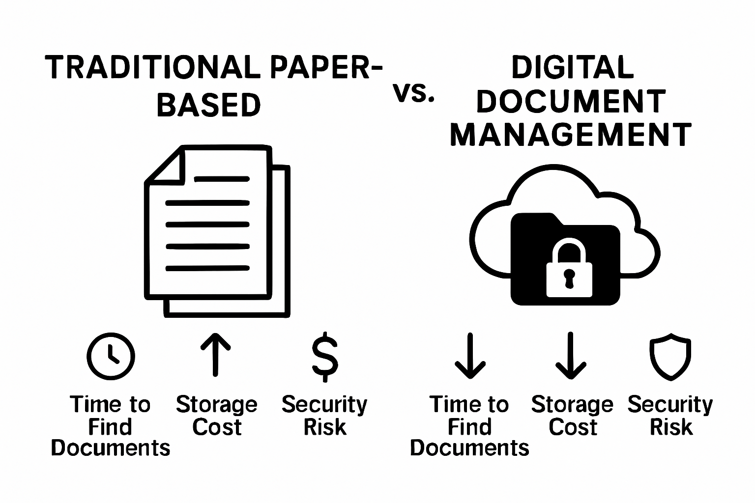 Comparison of paper vs digital document management showing time, cost, and security differences