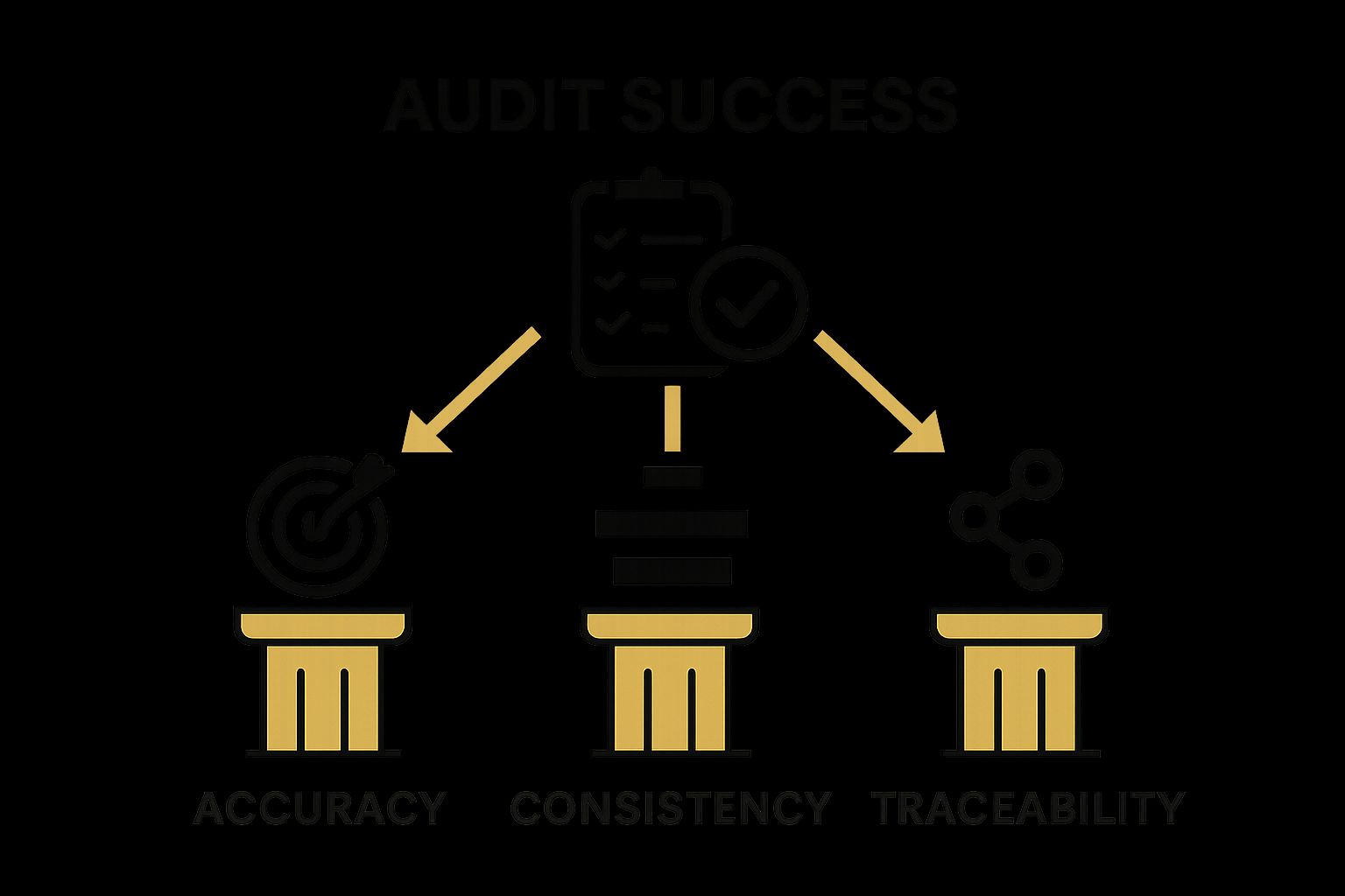 Infographic showing accuracy, consistency, and traceability pillars supporting audit success