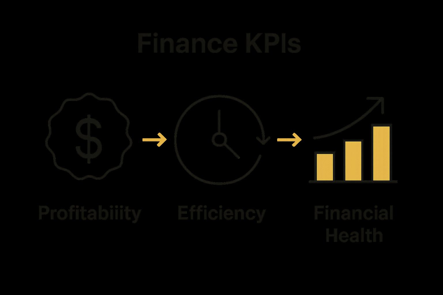 Infographic illustrating three types of finance KPIs: Profitability, Efficiency, Financial Health