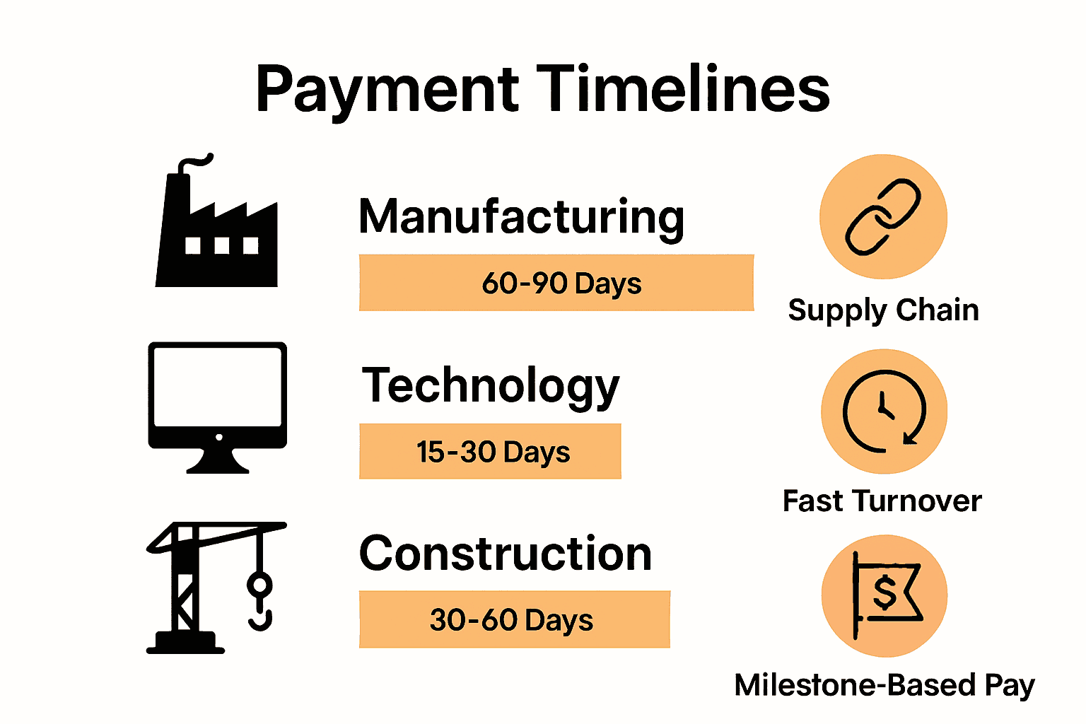 Infographic comparing payment delays in Manufacturing, Technology, and Construction sectors.