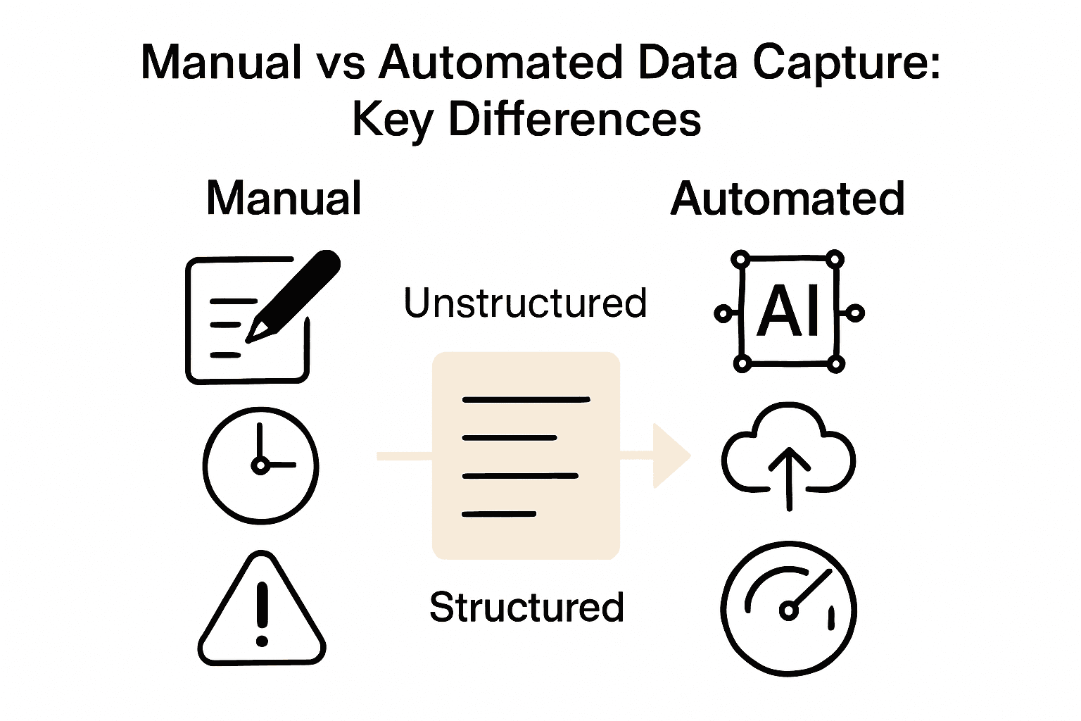 Infographic comparing manual and automated data capture methods with icons and key attributes.
