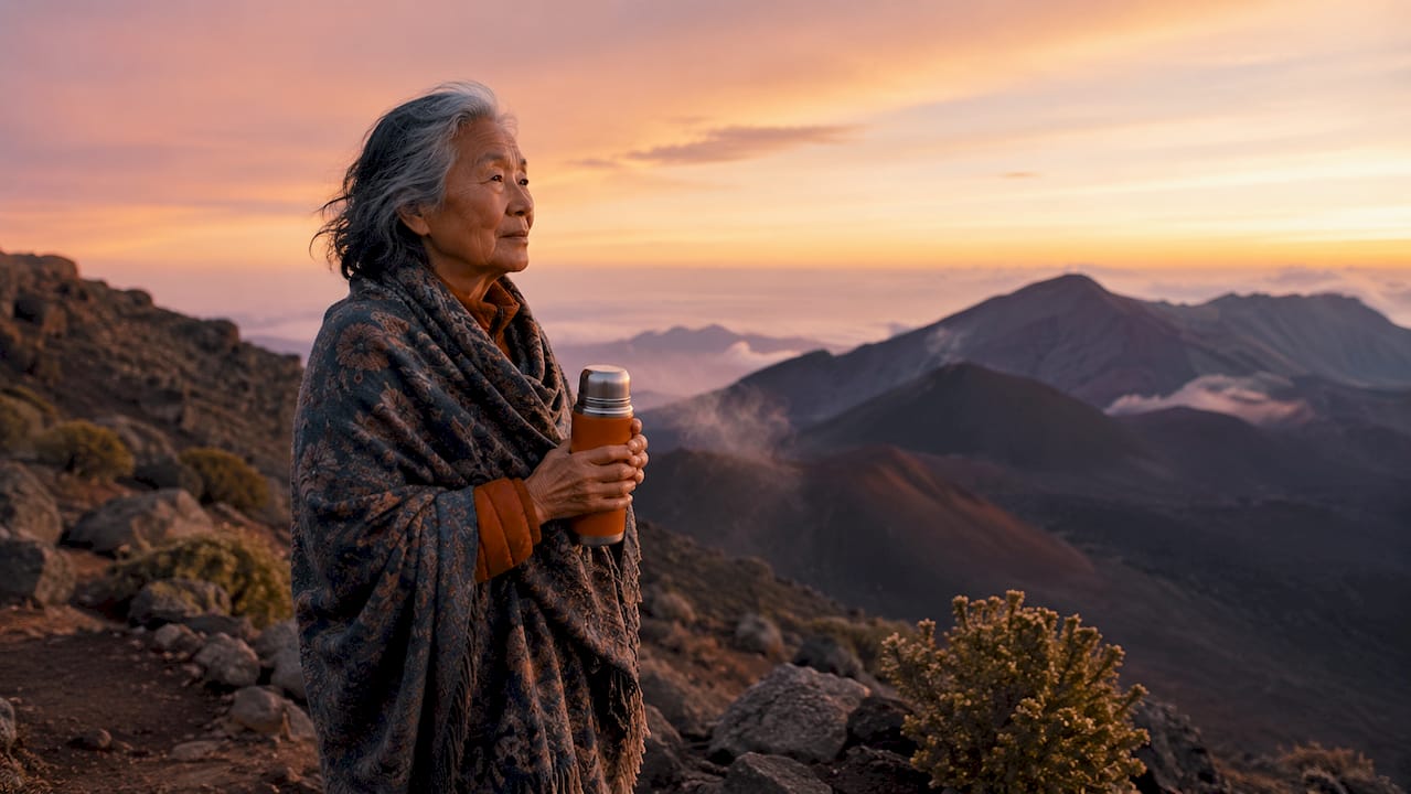 Woman viewing Haleakalā sunrise at summit