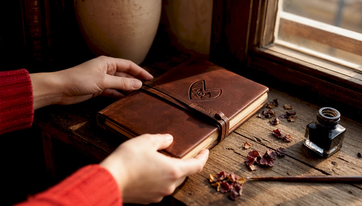 Hands holding personalized journal with embellishments