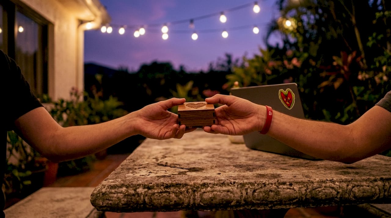 Hands exchanging personalized engraved gift box
