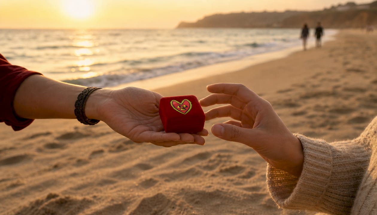 Close-up of hands exchanging romantic gift at picnic