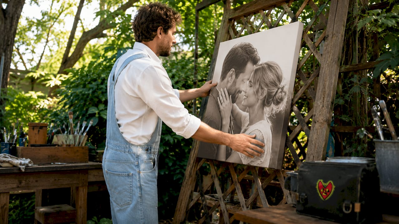 Artisan mounting framed couple portrait in studio