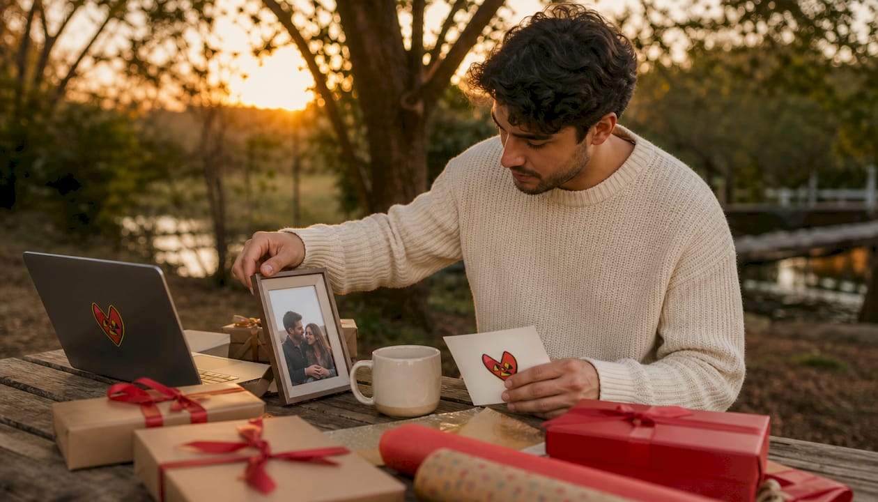Hands selecting personalized gift items on table