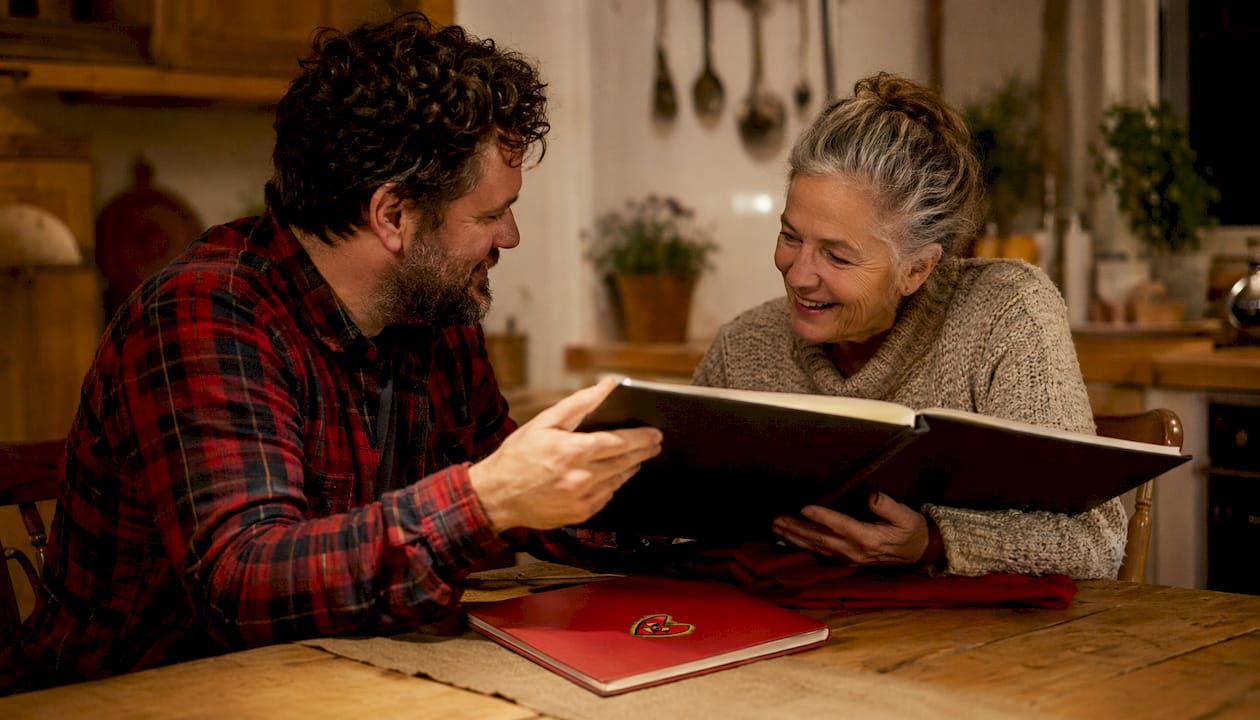 Hands exchanging photo album symbolizing shared memories