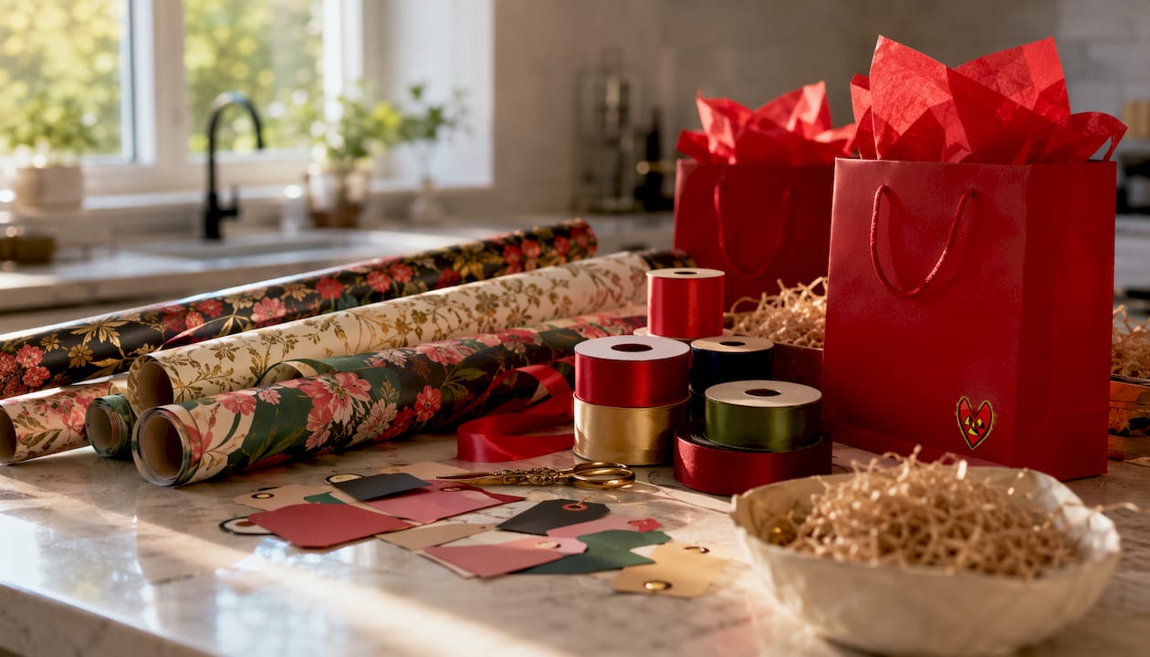 Assortment of gift wrapping materials