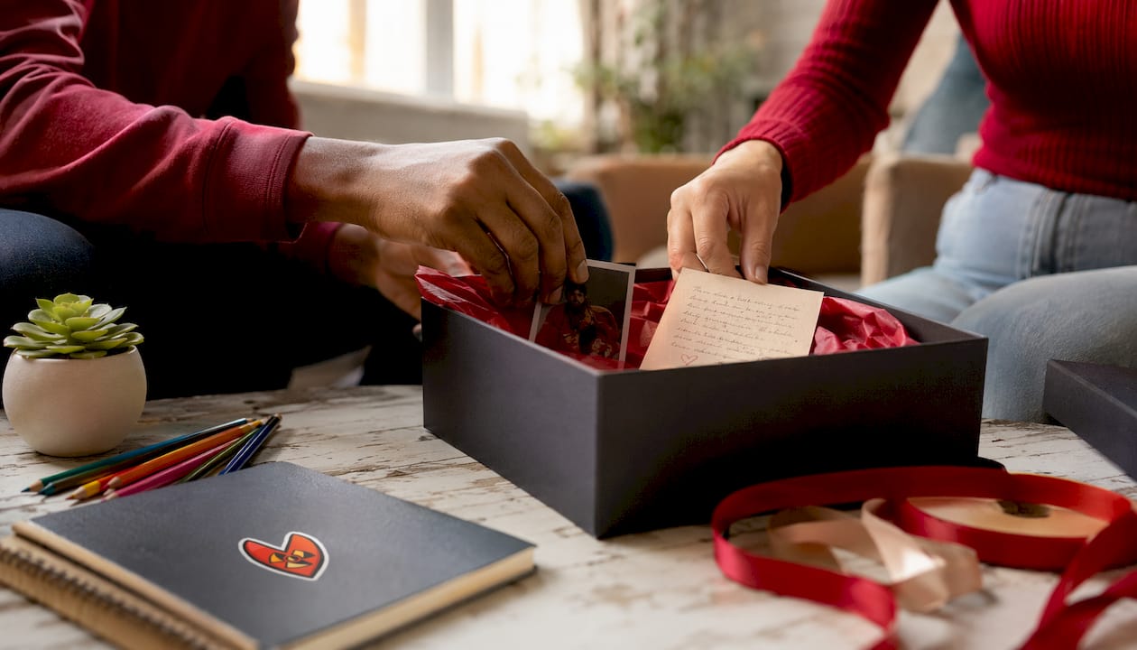 Close-up of hands personalizing anniversary gift