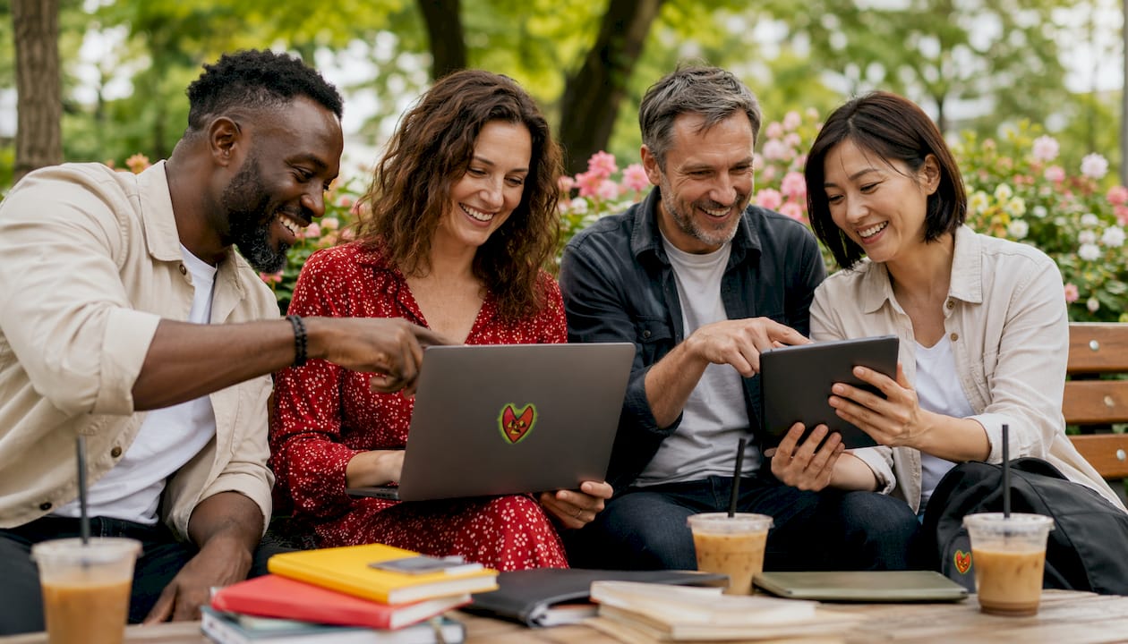 Friends collaborating on group video gift in café
