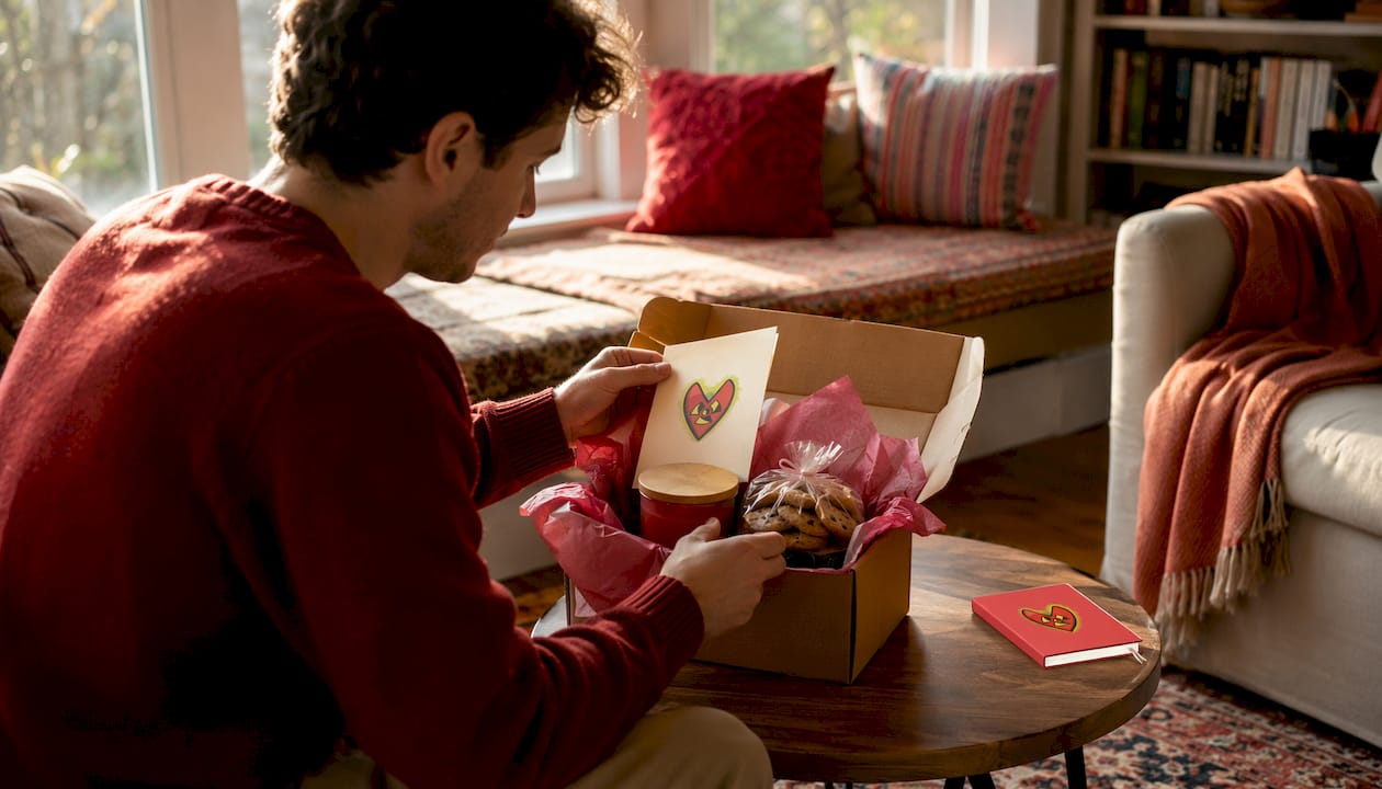 Hands unpacking thoughtful care package at kitchen table