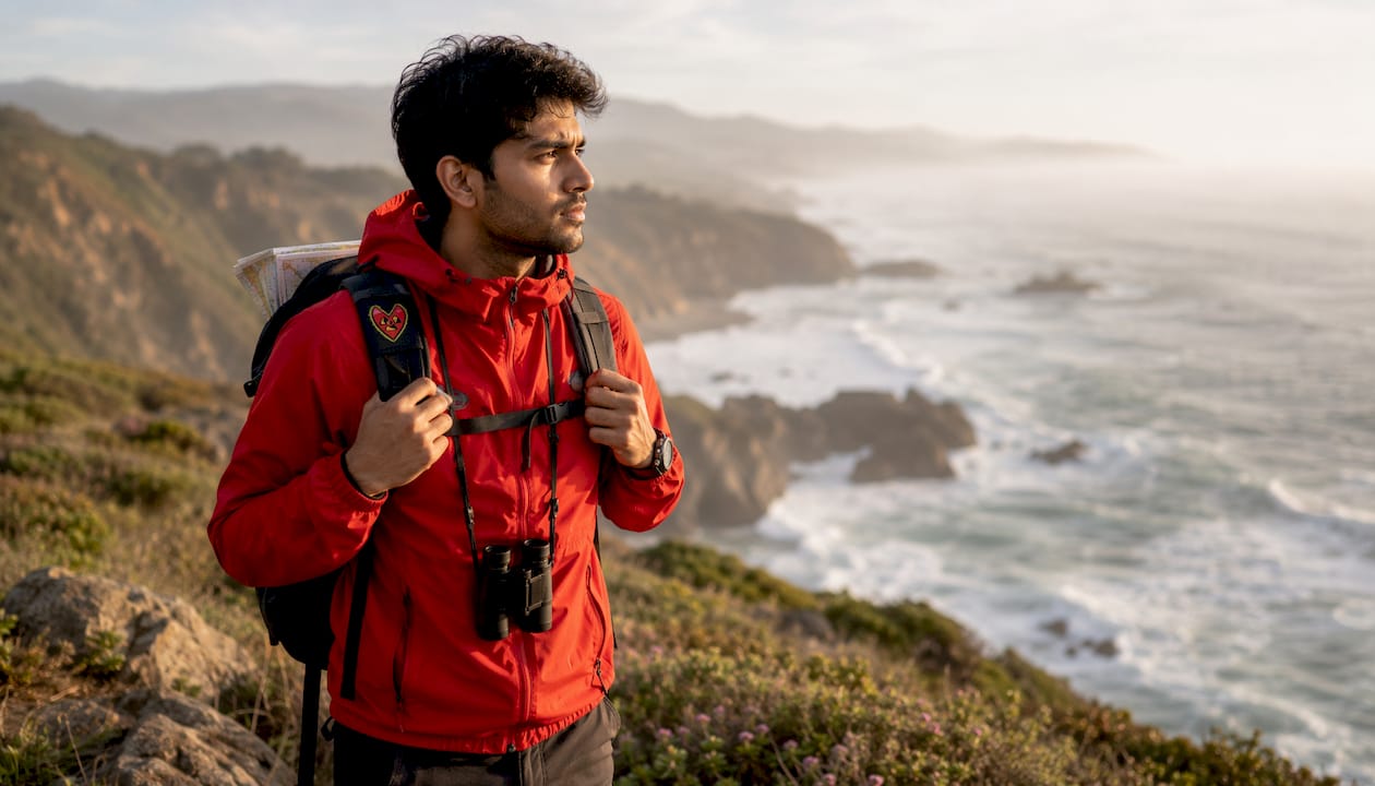 Young man preparing for adventurous outdoor hike