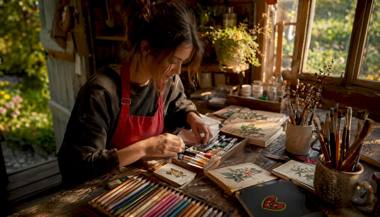 Hands arranging personalized art supplies