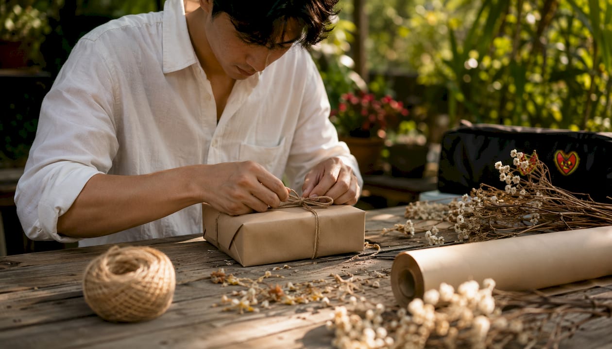 Hands wrapping meaningful gift presentation