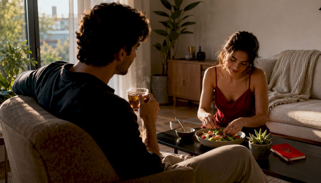 Man observing partner's preferences in kitchen