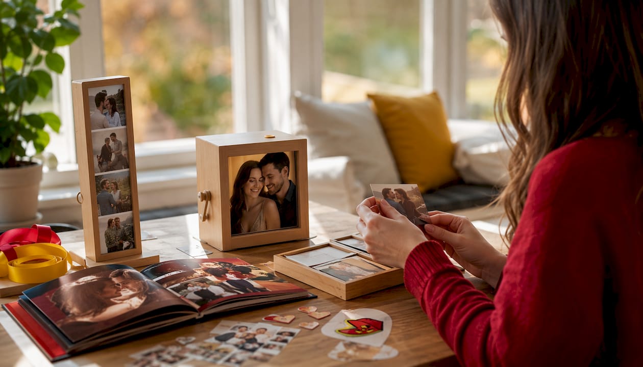 Overhead view of assorted personalized photo gifts