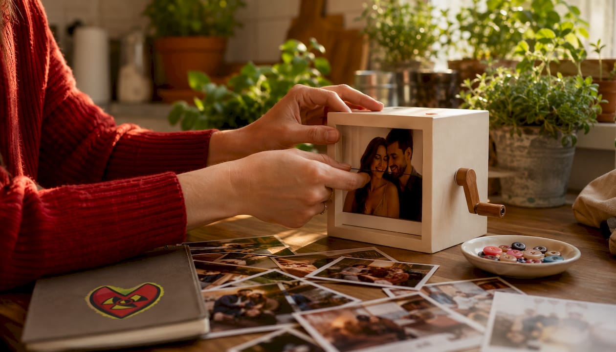Hands assembling a photo flip book frame