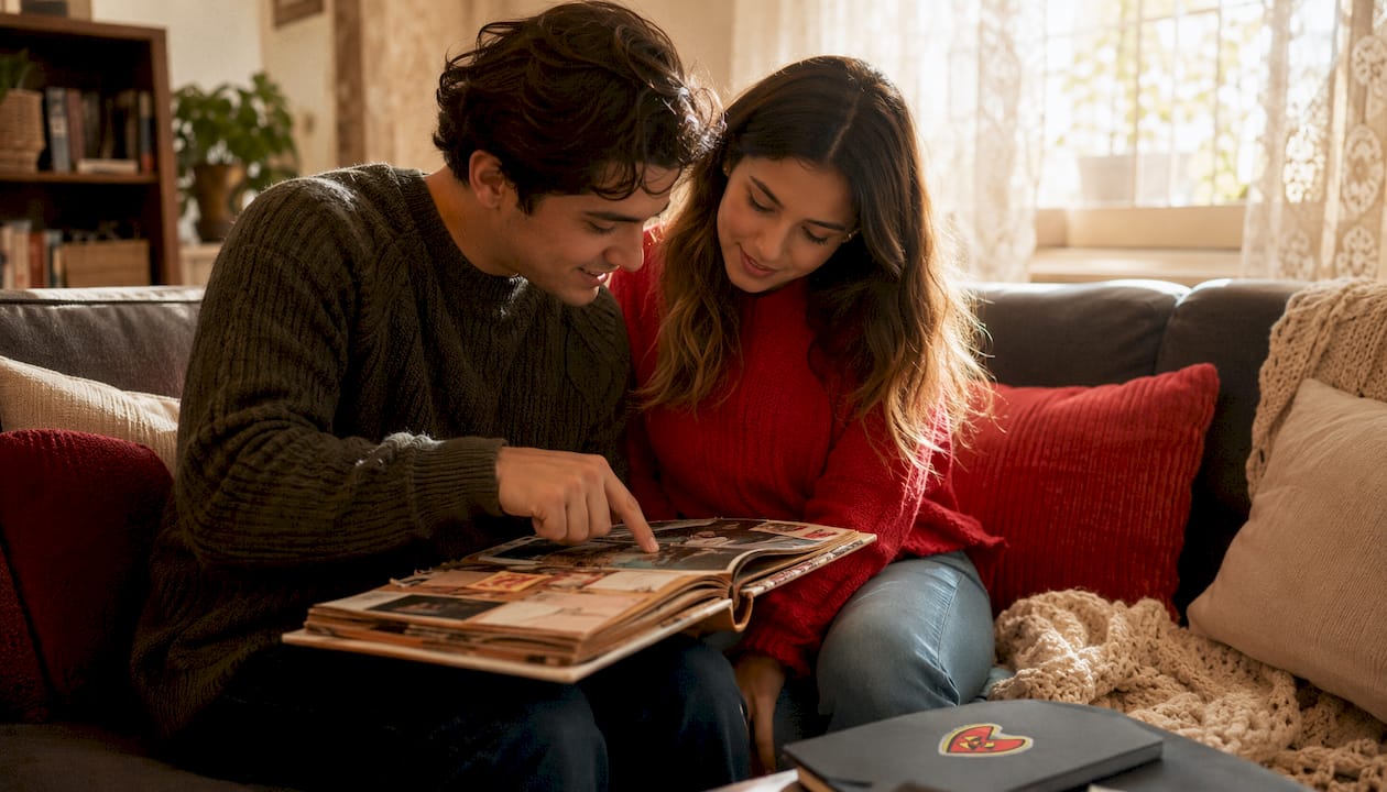 Couple choosing memory photo for gift