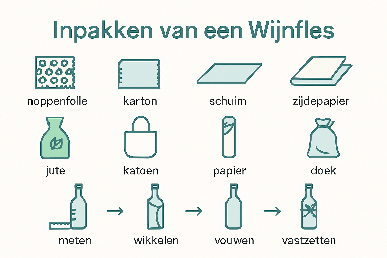 Infographic over materialen en stappen voor het inpakken van een wijnfles