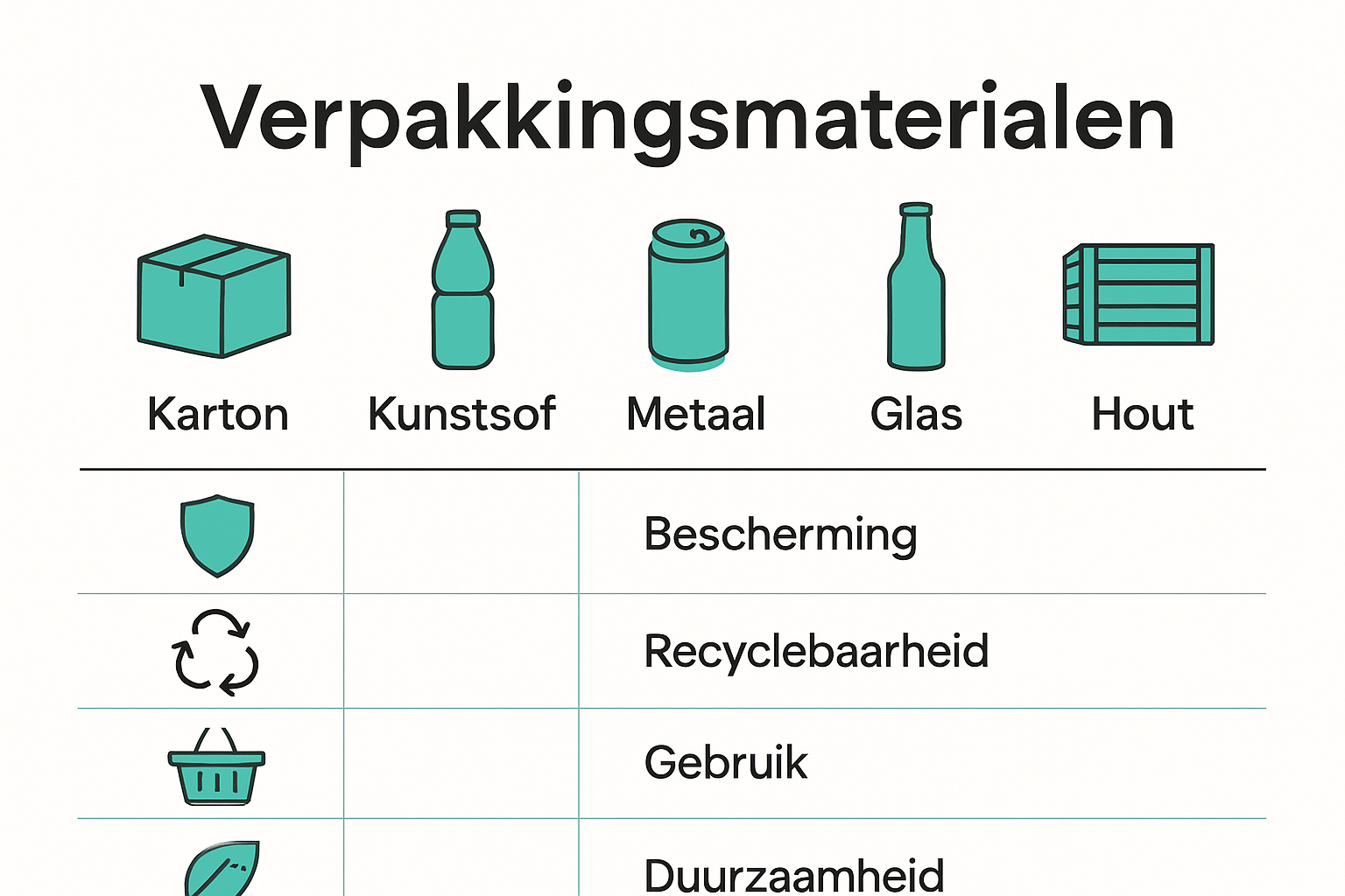 Infographic over soorten verpakkingsmaterialen en hun eigenschappen
