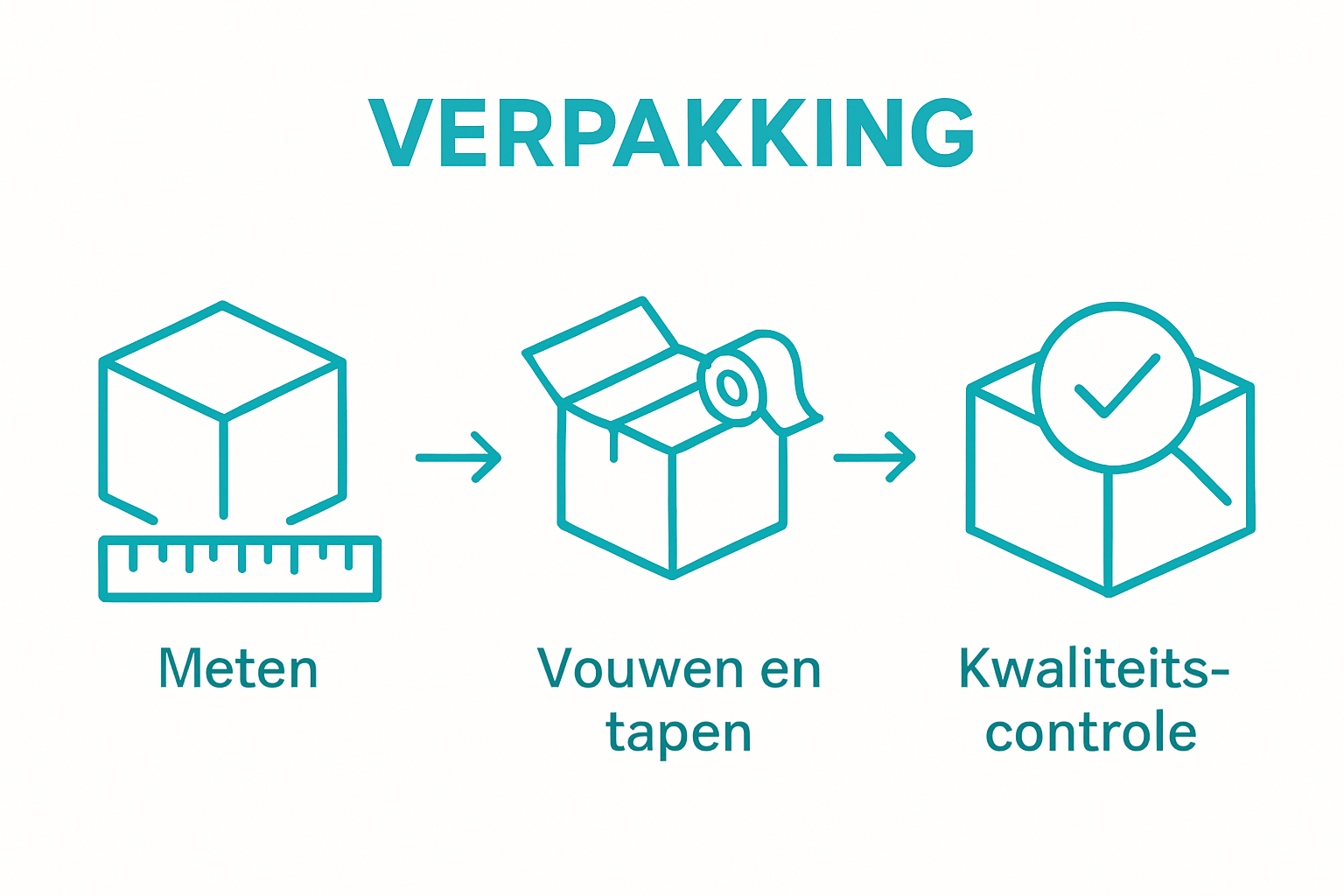 Infographic with three icons showing measurement, packaging, and quality control steps