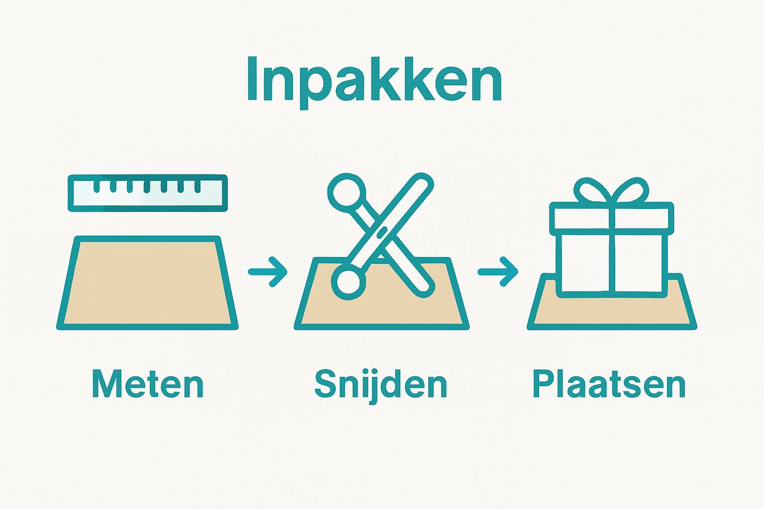 Infographic sequence: meten, knippen, positioneren voor inpakken met vloeipapier