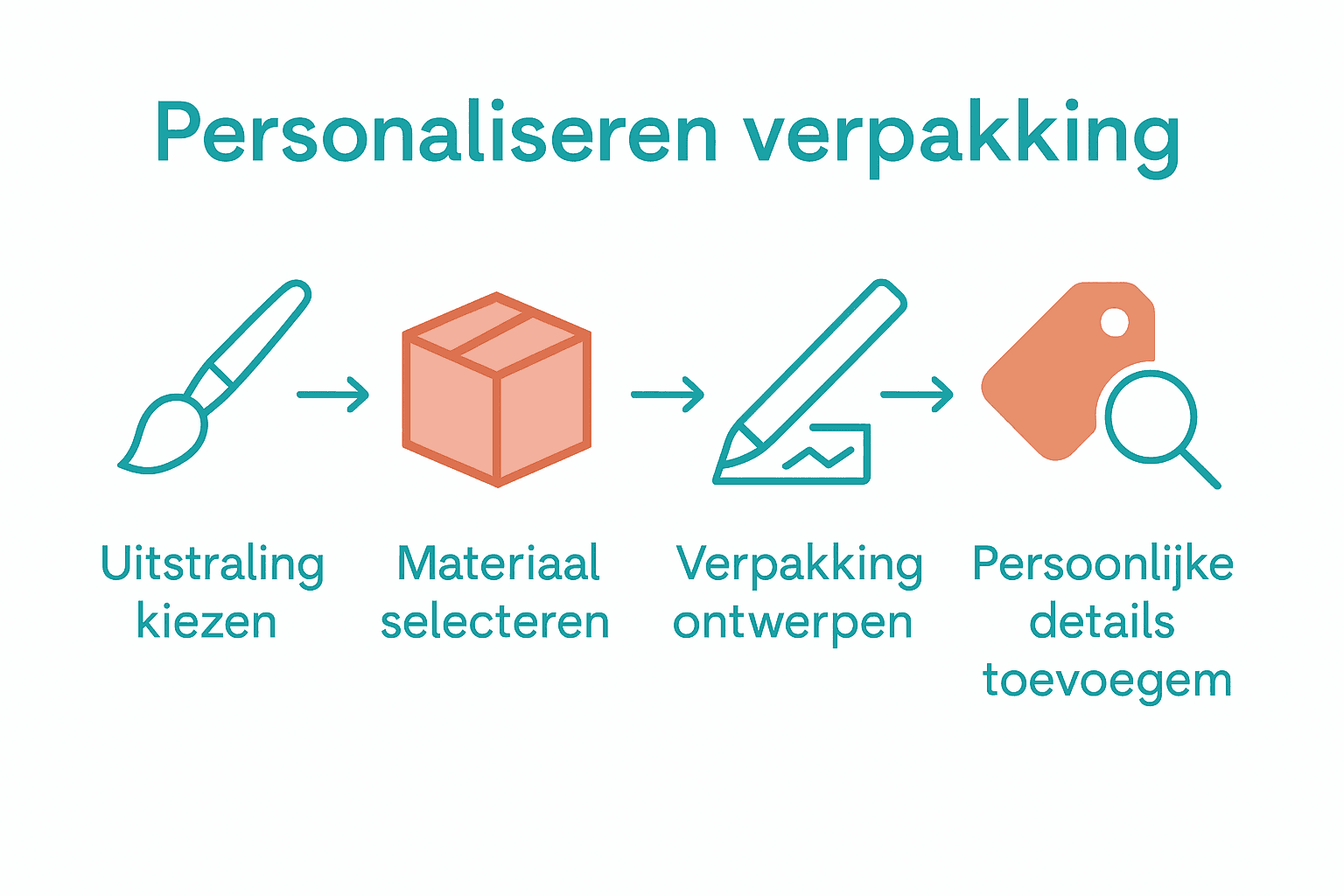 Infographic met vijf iconen voor stappen verpakking personaliseren