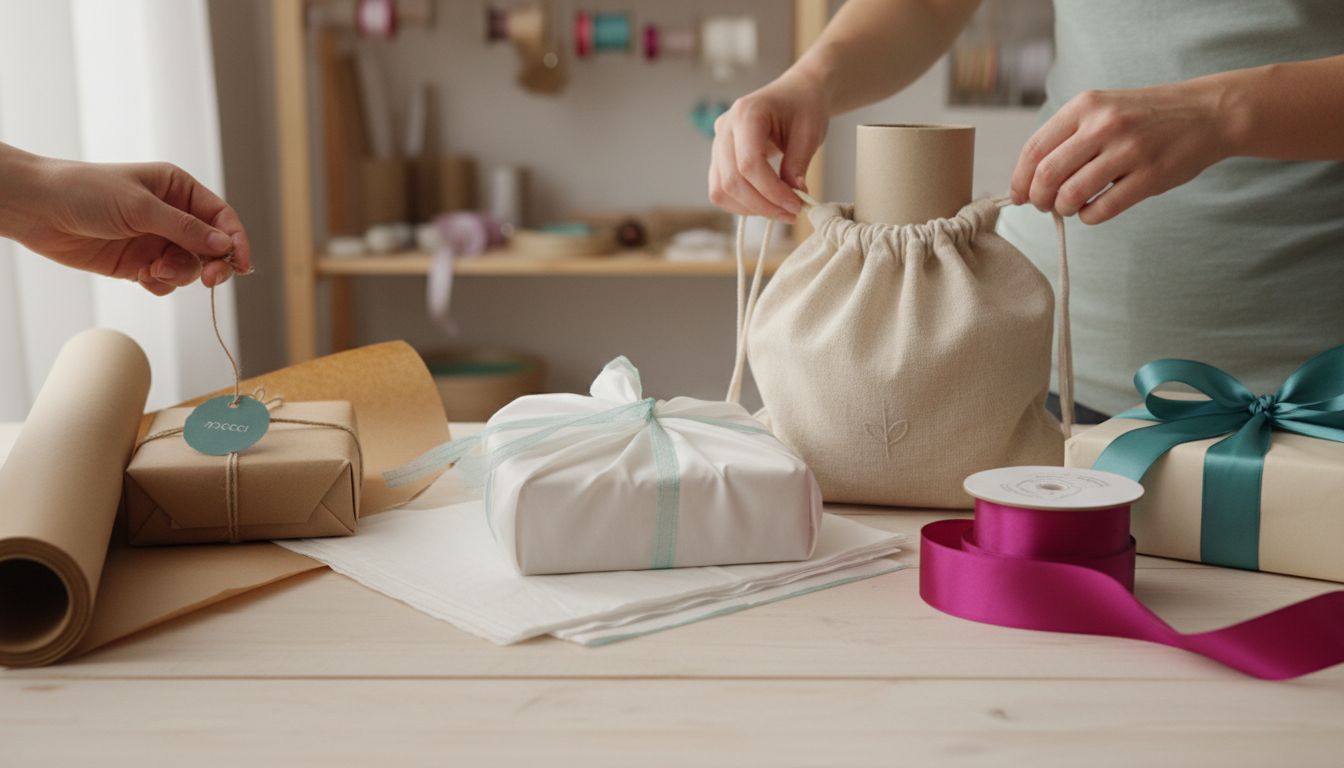 Diverse inpakmaterialen en verpakte cadeaus