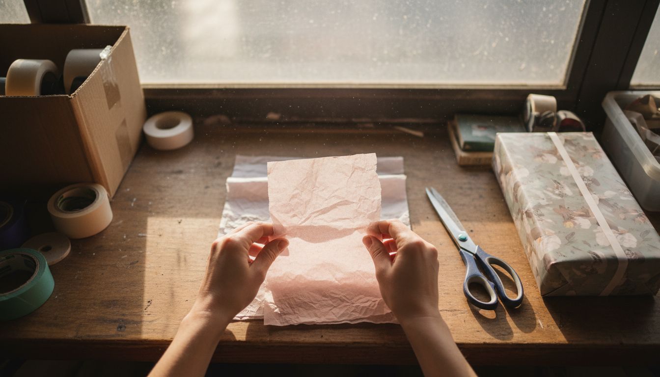 Hands crumpling pink tissuepapier on work counter
