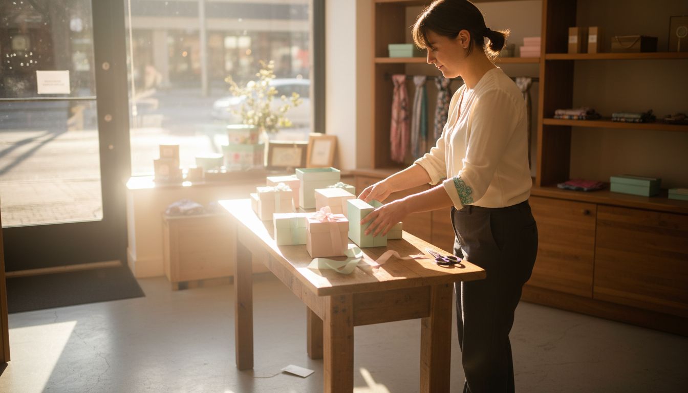 Retail worker arranging gift boxes display