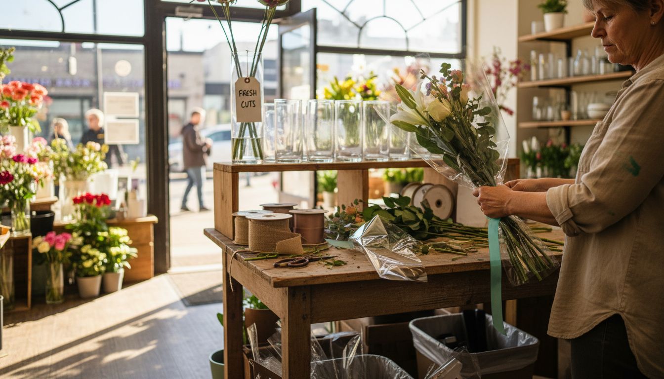 Florist wrapping bouquet in cellophane