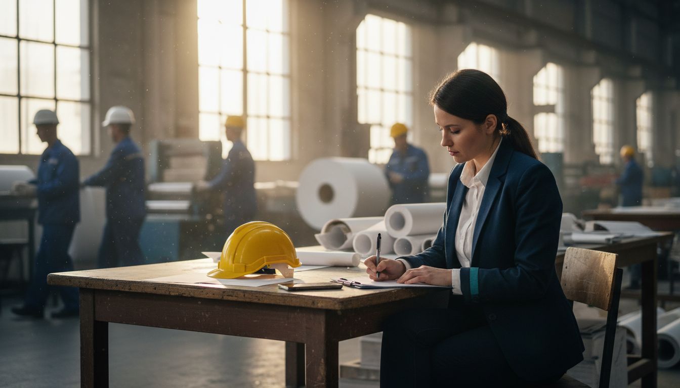 Auditor checks documents in paper factory