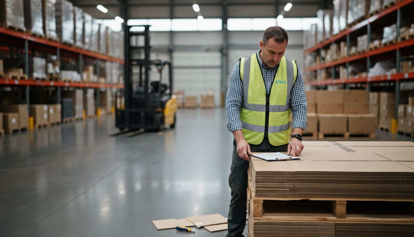 Supervisor checks cardboard shipment in warehouse