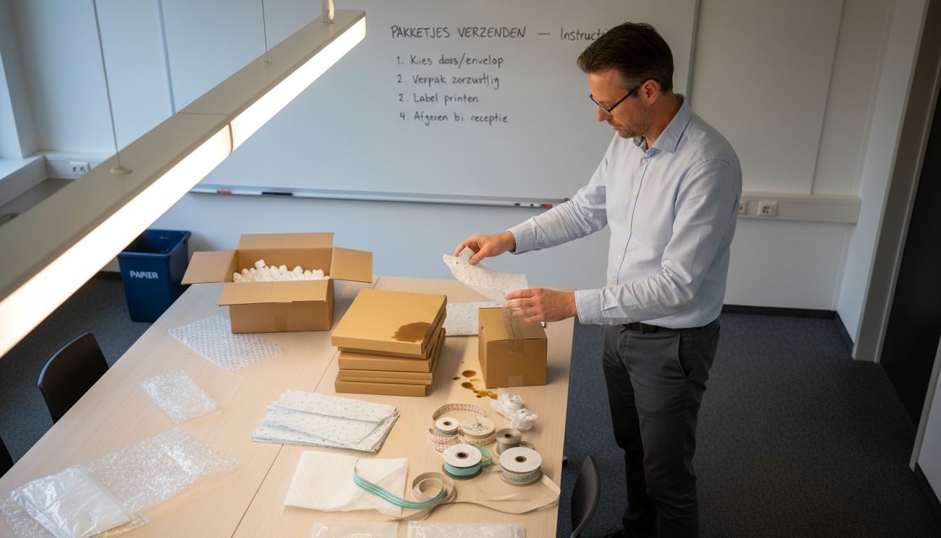 Een medewerker kiest de materialen uit voor het verpakken van zakelijke geschenken.