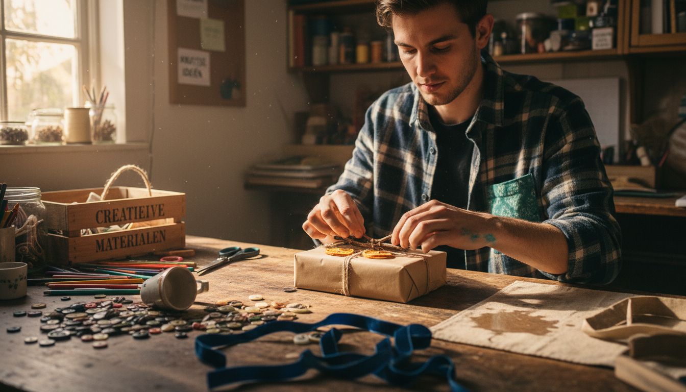 Iemand die een cadeau dat prachtig en creatief is ingepakt, verder mooi aan het versieren is.