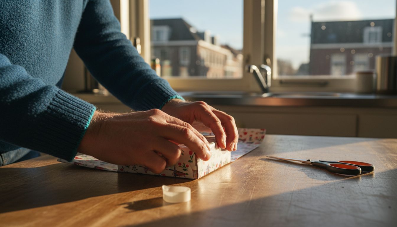Met zorg vouwen handen de hoekjes van het cadeaupapier strak om de doos.