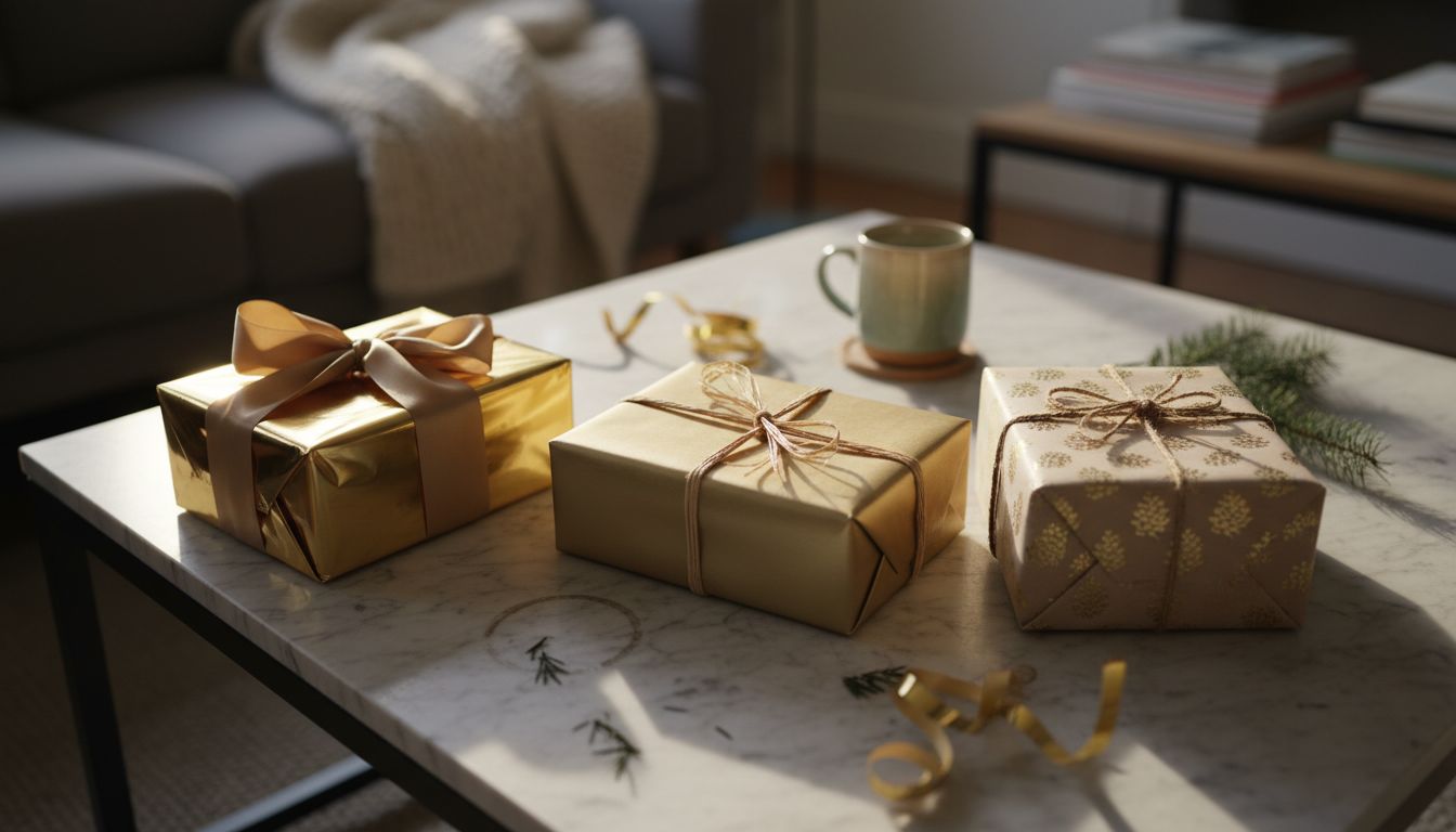 Verschillende stijlvolle cadeaupapieren met goudmotief gepresenteerd